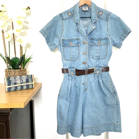 Bill Blass Vintage 90’Blue Denim Stretch Waist Pleated Romper Jumper Sz Medium - Picture 15 of 15